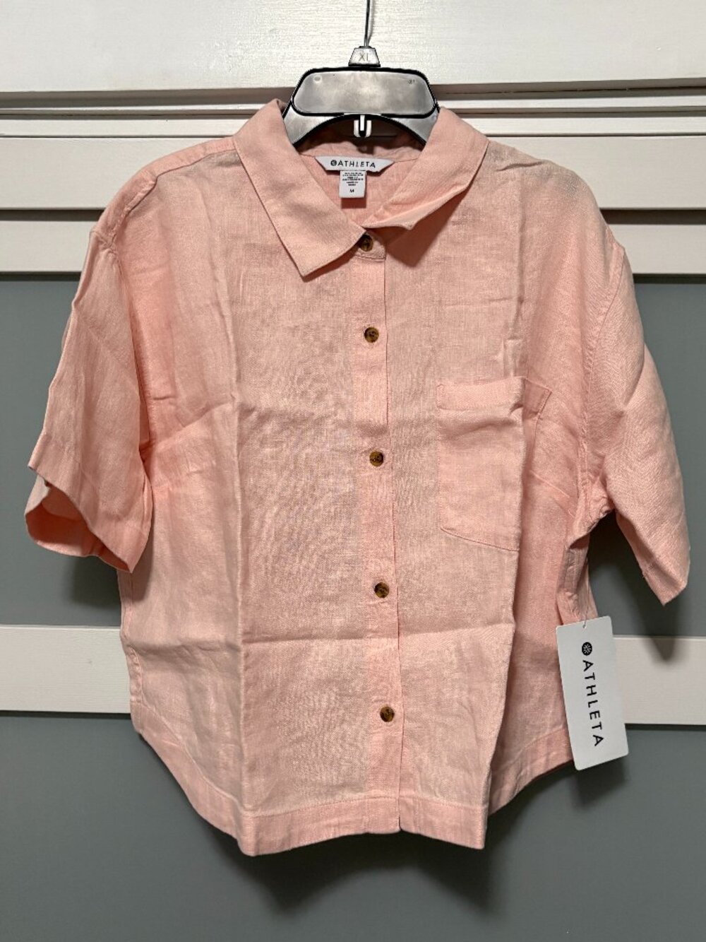 Athleta Retreat Linen Short Sleeve Shirt Pink Button Front Ladies sz M NEW